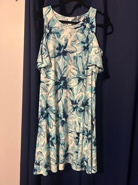 London Times Blue & White Floral Cold-Shoulder Midi Dress